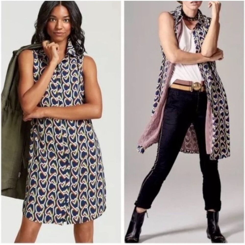 CABI Amour Heart Chain Link Sleeveless Shirt Dress, Navy Contrast Lining, Sz XS